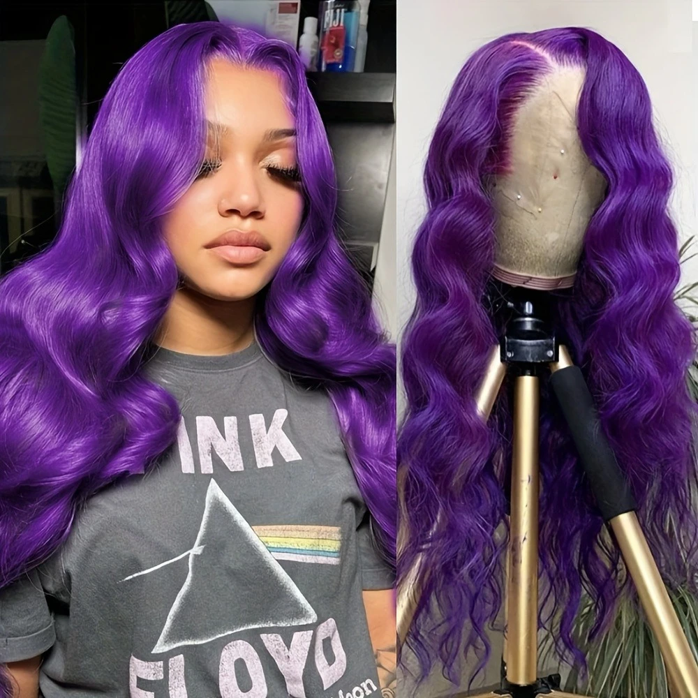 Purple Wig Long Body Wave Lace Front Wig 13x4 HD Free Part Synthetic And Blend for Women Heat Resistant pelucas Glueless Cosplay