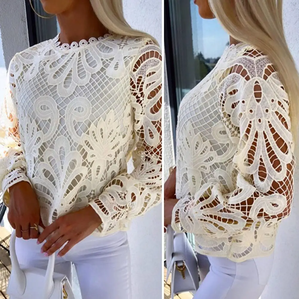 Long Sleeve Top Elegant Long Sleeve Lace Top Elegant Lace Hollow Out Long Sleeve Women's Top Soft Round Neck for Spring