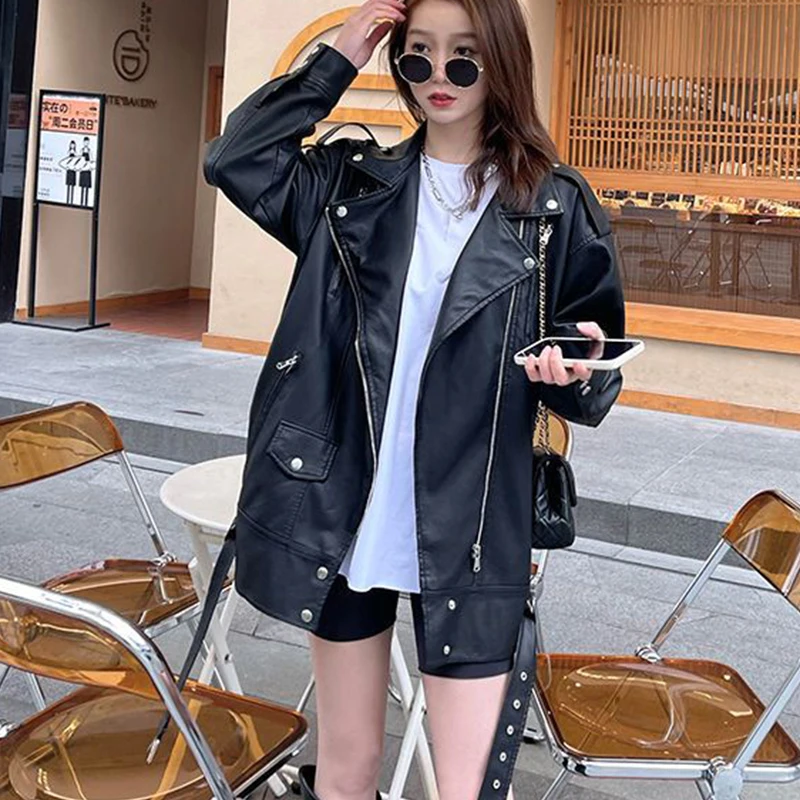 

Motorcycle Vintage Black Waist Leather Jacket Thicken Turn-down Collar Warm Zipper Jacket Fashion Loose Casual Women's Jacket