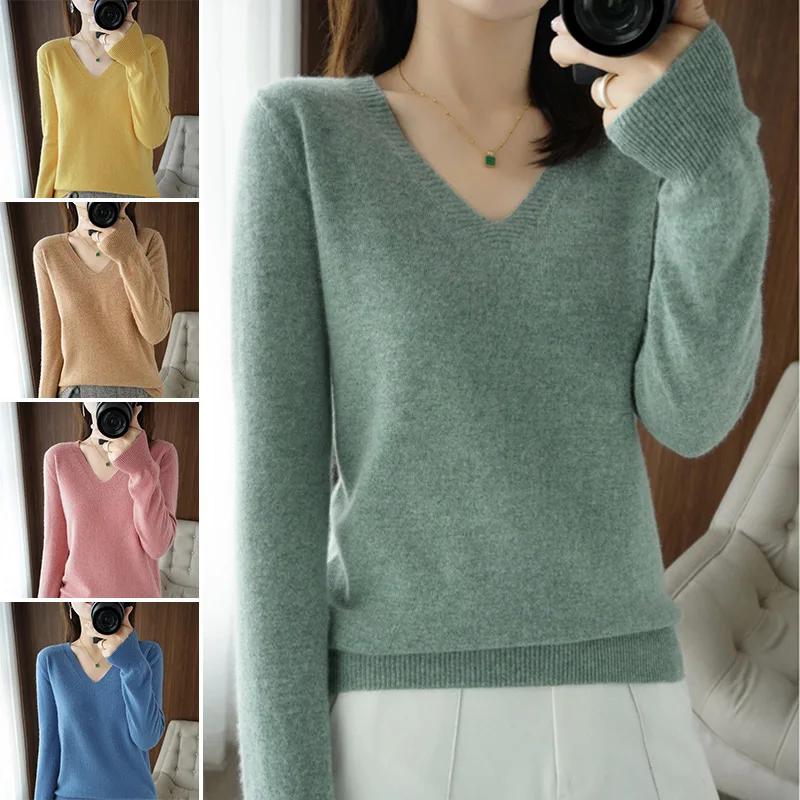 Women's Sweater 2023 Autumn/winter Knitted Pullover V-neck Slim Fit Underlay Solid Soft Knitted Pullover Sweater