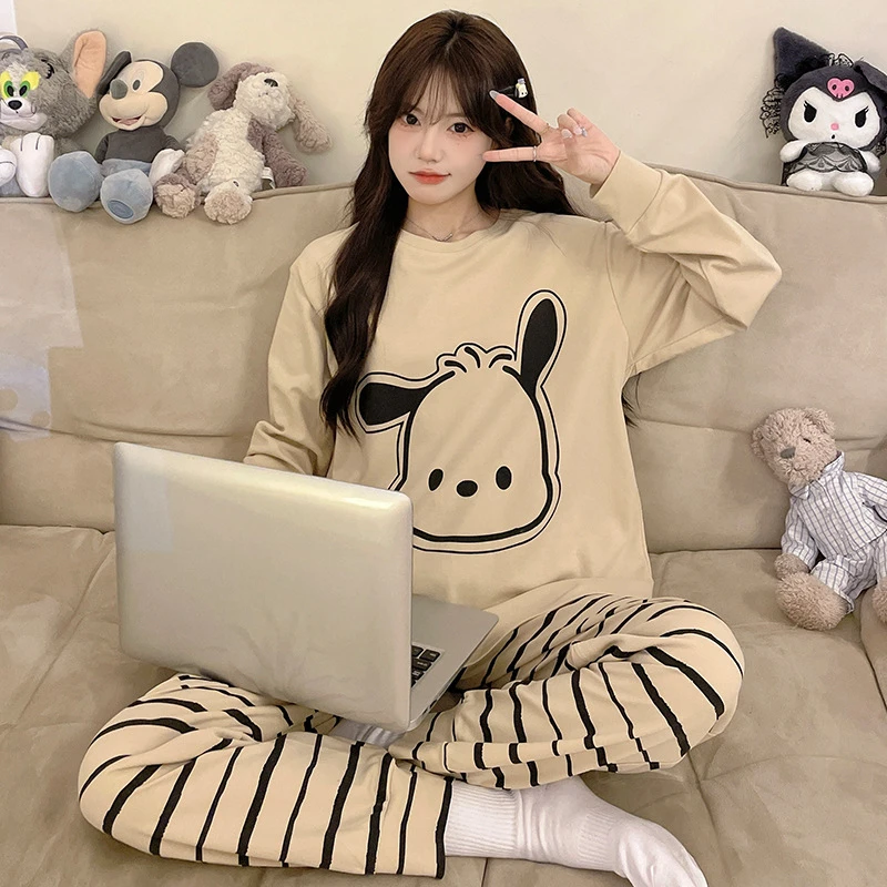 Sanrio Kulomi 2024 New Crew Neck Long Sleeve Pants Pajamas Women's Autumn Pure Cotton Cartoon Casual Loose Homewear Wear Set