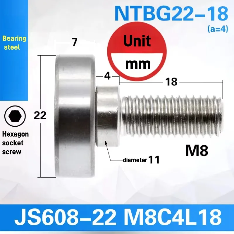 1Pc NTBG external thread M8 screw mechanical guide wheel stainless steel/bearing steel pulley rolling JS608-22M8C4L18