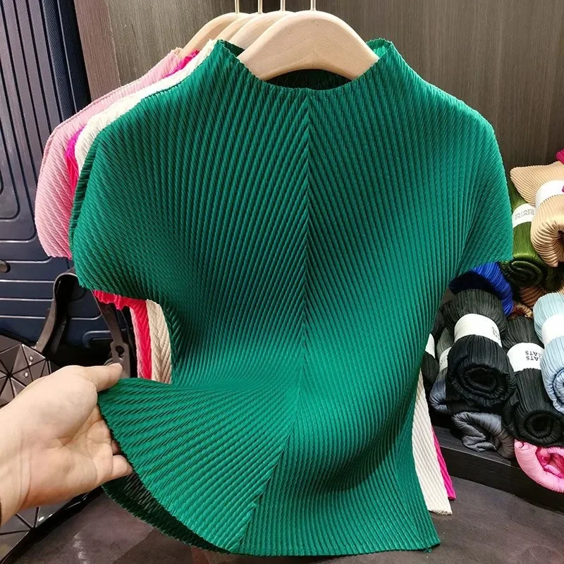 Women Blouse Summer Stand Up Collar Solid Color Dragon Scale Pleated Short Sleeved T-shirt High-end Versatile Western-style Top
