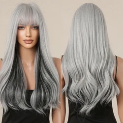 Synthetic Sliver Black Layered Wig Long Natural Wavy Wigs with Bangs for Women Afro Cosplay Party Daily Fake Hair Heat Resistant