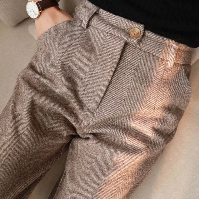 Herringbone wool Harlan pants women fall winter new high waist show thin feet suit pants loose casual smoke pipe pants