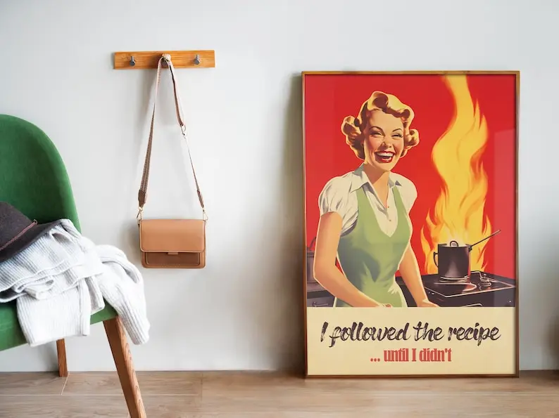 Retro Kitchen Funny Kitchen Wall Art 50s 60s Art Silly Retro Posters Cooking Print Happy Housewife