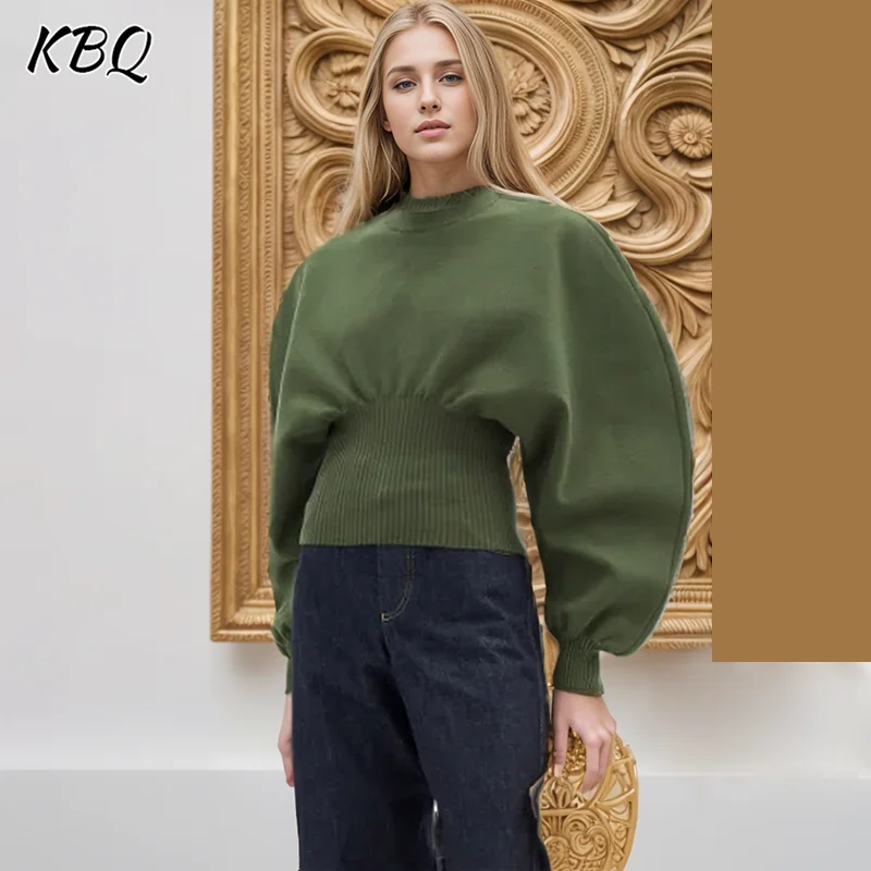 

KBQ Casual Solid Loose Sweatshirt For Women Round Neck Lantern Sleeve Minimalist Tunic Pullover Sweatshirts Female Fashion New