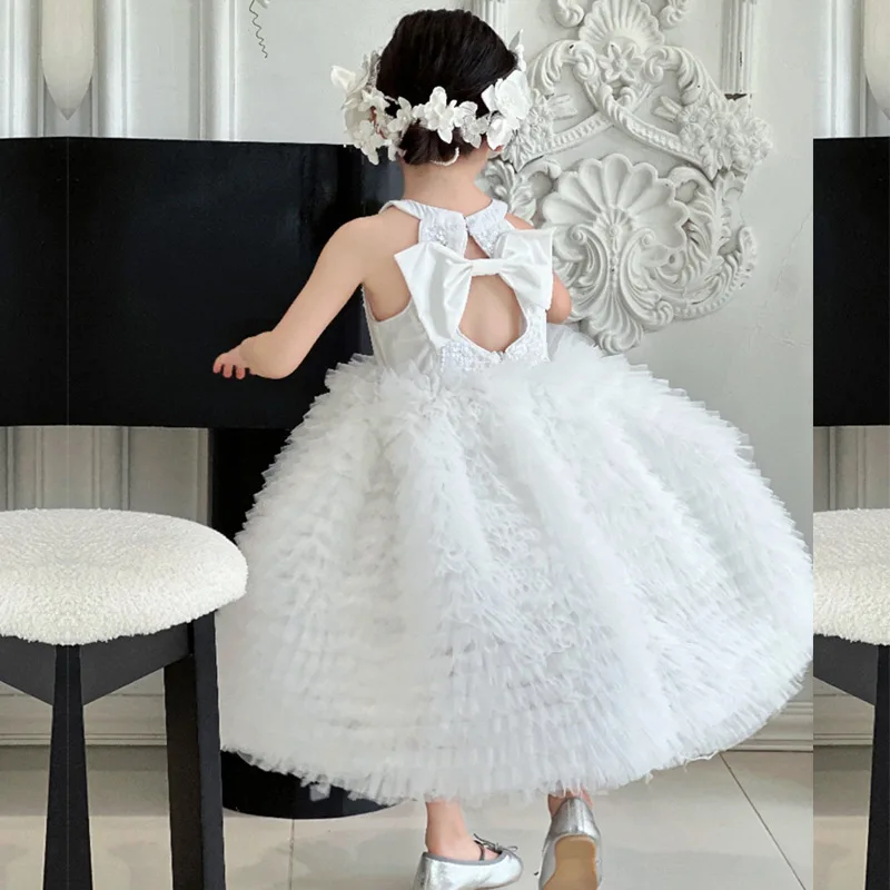 New Girl's Princess Ball Gown Black and White Swan Cake Dress French Butterfly Dew Back Mesh Birthday Performance Dress y1364