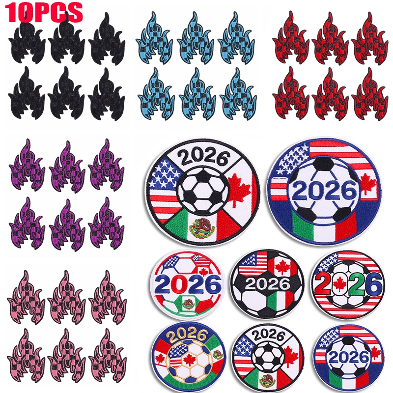 10PCS Chessboard Flame Embroidered Patches 2026 New Football Series Patch Iron On Patches For Clothing Hats Jersey Sewing DIY