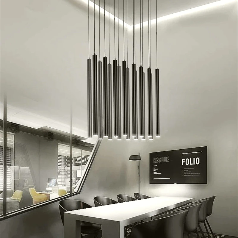

Modern Long Tube Pendant Lamp Hotel Hall Office Table Restaurant Bedside Fashional Design Black Cylinder Aluminum Chandelier