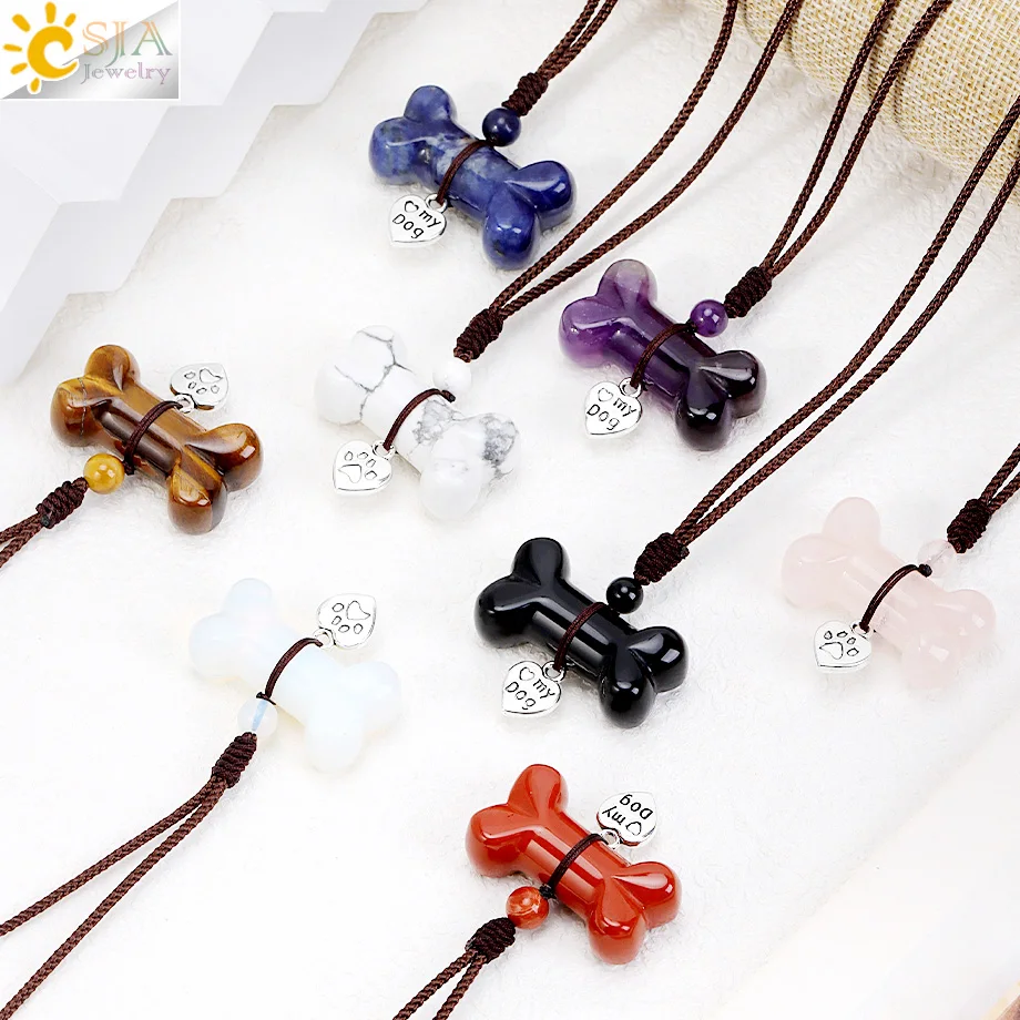 CSJA Cute Bone Shape Pendant Necklace Natural Stone Crystal Amethyst Rose Quartz Adjustable Necklaces for Women Men Jewelry H818