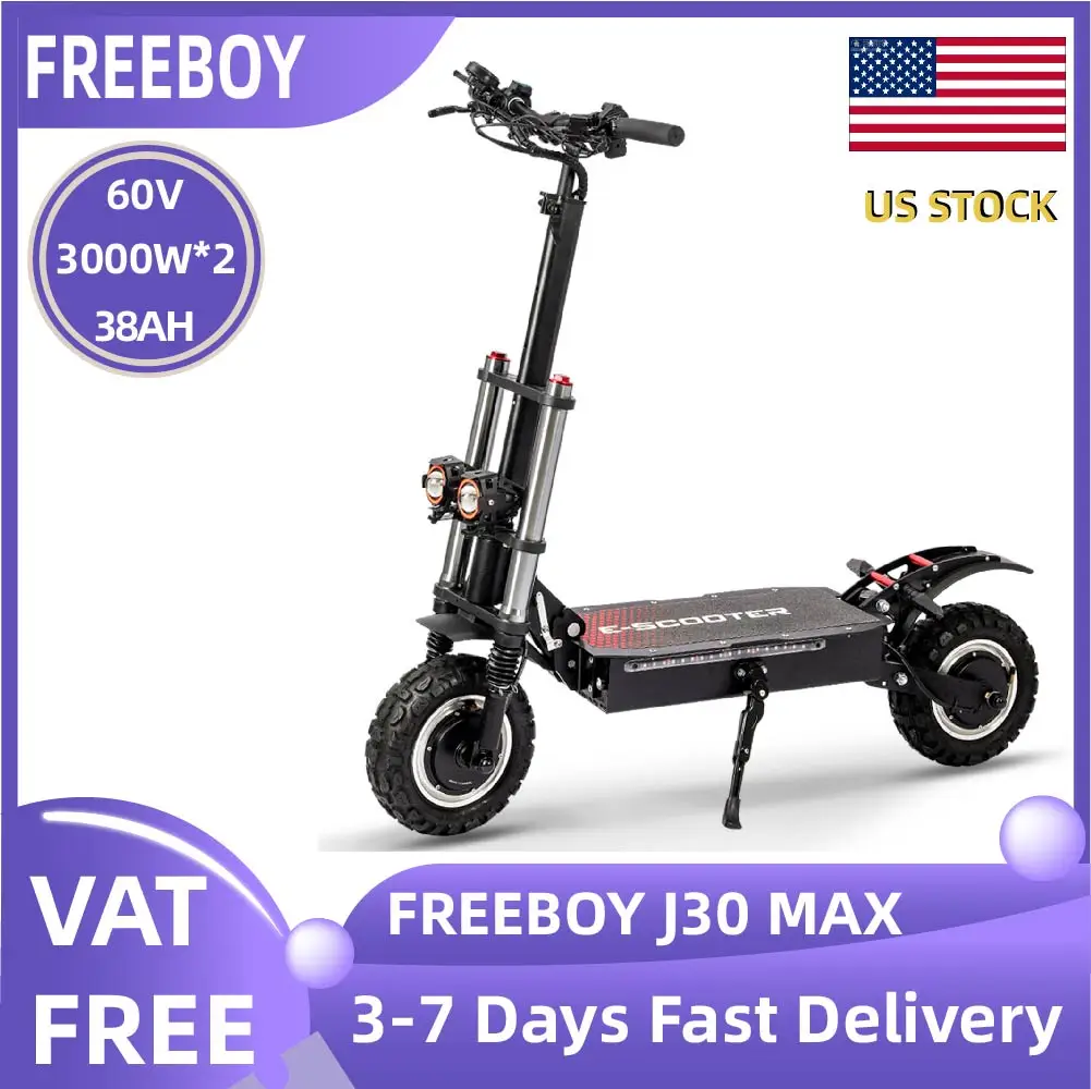 

FREEBOY J30 MAX Adult Electric Scooter 3000W*2 Motor, 60V 38AH Folding E-Scooter 11 Fat Tire E-Mountain Scooter