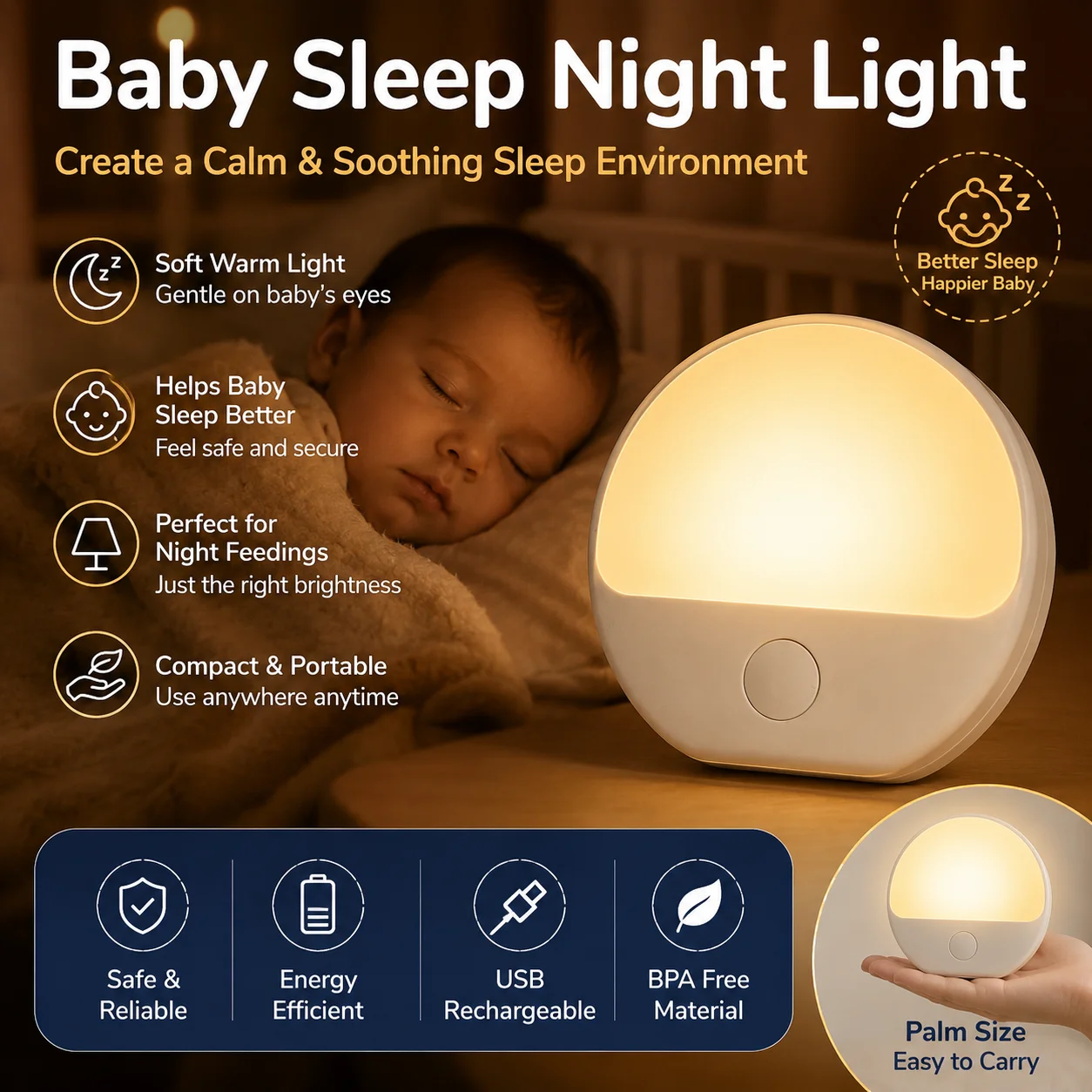 Baby Sleep Night Light for Kids Nursery, Soft Warm LED Bedside Lamp, Soothing Baby Sleeping Light for Newborn Toddler Room