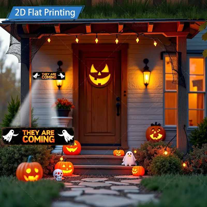 1pc 금속 간판, 4x16인치 할로윈 "THEY ARE COMING" 유령 호박 간판, 2D 평면 인쇄 장식