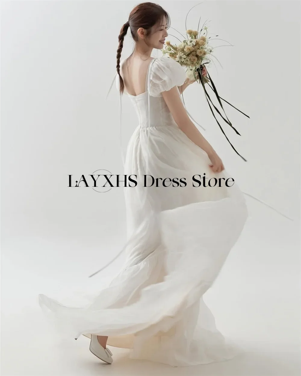 فساتين زفاف من التل العاجي لالتقاط الصور الكورية وياقة مربعة وأكمام قصيرة منتفخة فستان زفاف مشد مع ذيل ذاكرة الزفاف مخصصة #2