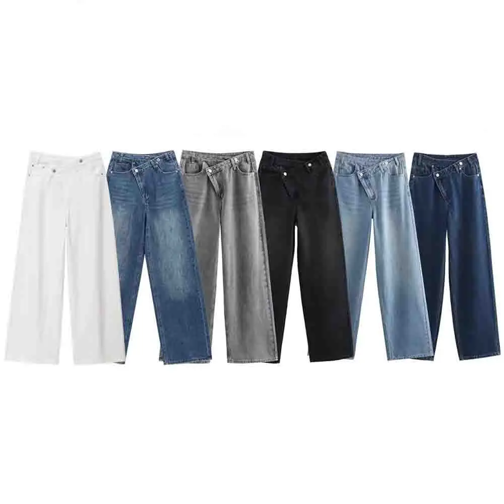

Women's new chic fashion asymmetrical waist design loose high waist wide leg jeans retro side pocket zipper women's denim pants