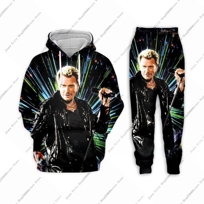 Johnny hallyday 3d impressão calças com capuz terno masculino casual moletom pulôver masculino conjunto de treino moda roupas masculinas 2 pçs ternos