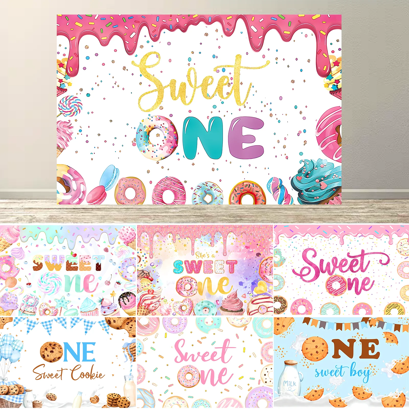 

Sweet One Birthday Party Decorations Donut Birthday Backdrop for Girls 1st Bday Party Decorations Doughnut First Party Banner