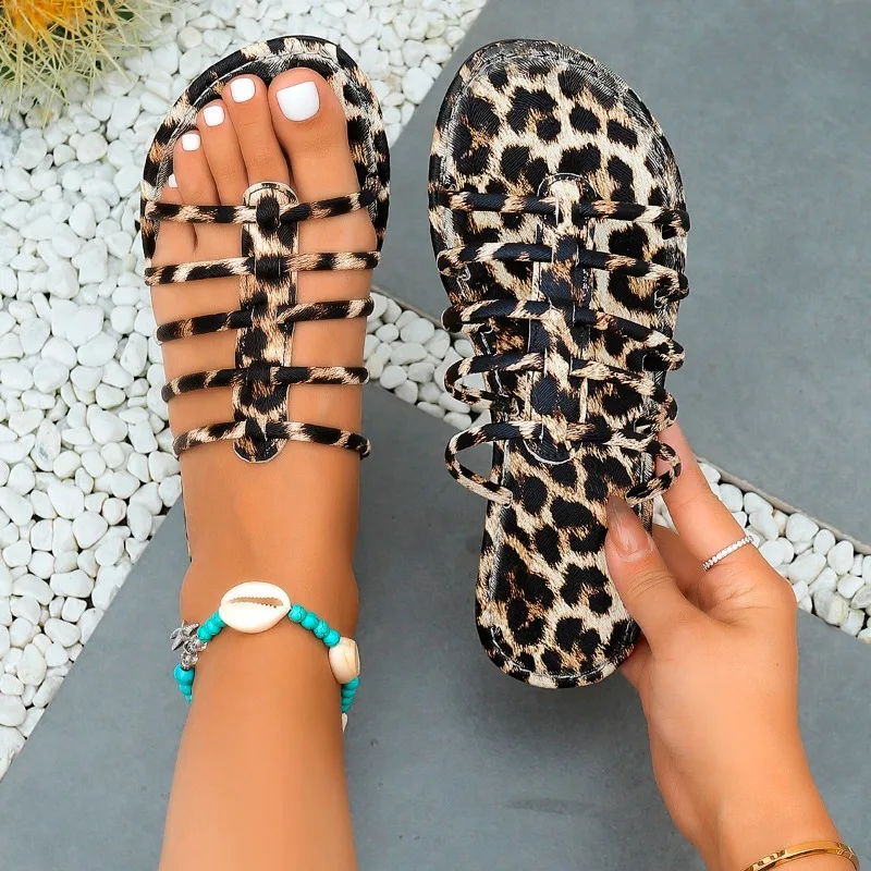 2024 High Quality Women's Shoes Summer New Open Toe Women's Flat Shoes Fashion Leopard Color Casual Women's Beach Slippers