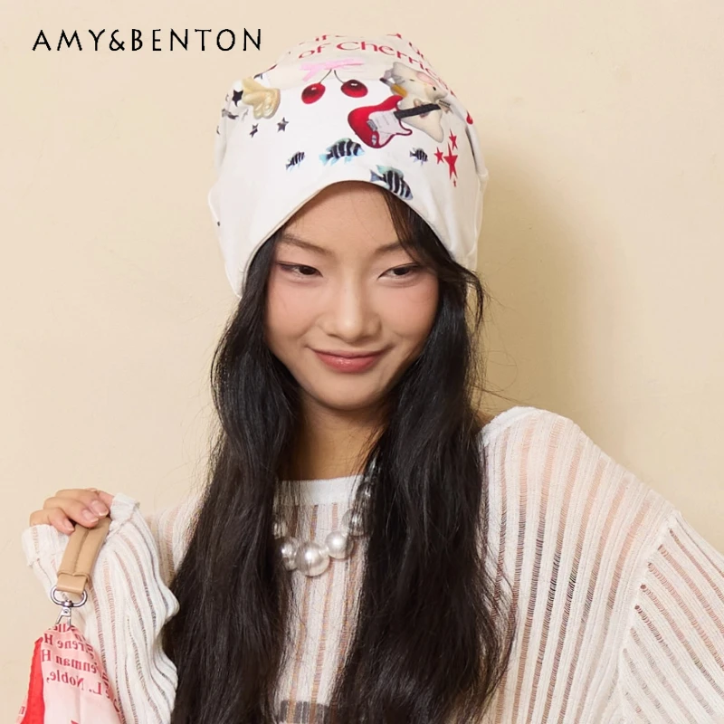 

Japanese Original Design Sweet Cute Women's Hat 2025 Autumn New Versatile Fashion Animal Print Splicing Pullover Hats Ladies