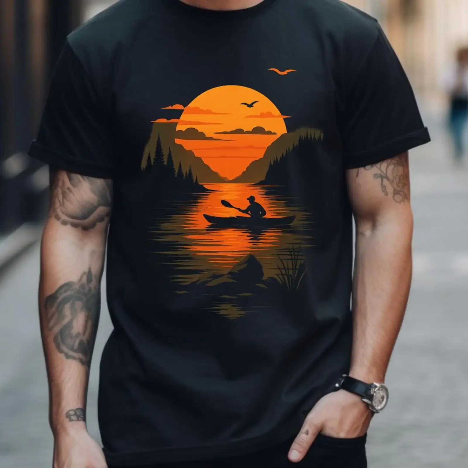Sunset Kayaking T shirt Nature Vibes Outdoor Adventure for Hikers Casual Wear Travel  vintage Washed graphic Stylish homme