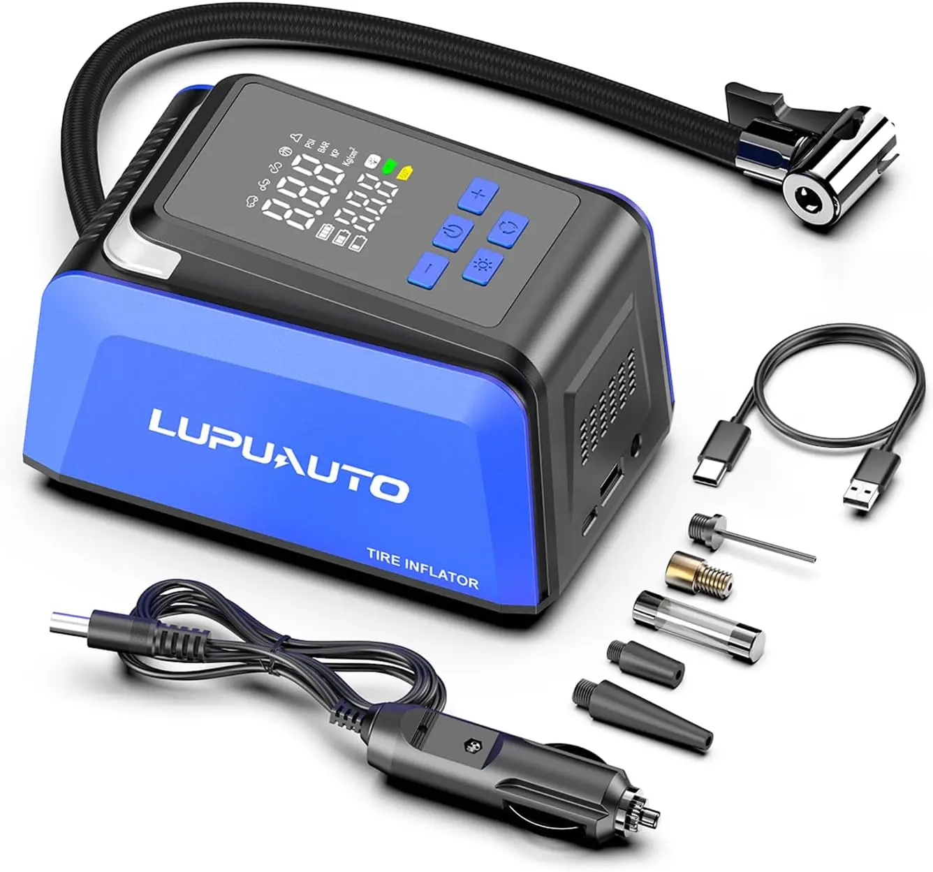 

Portable Tire Inflator, 2X Faster Air Pump, 150PSI with Digital Gauge & LED Light for Car, Motorcycle, Bike, Balls