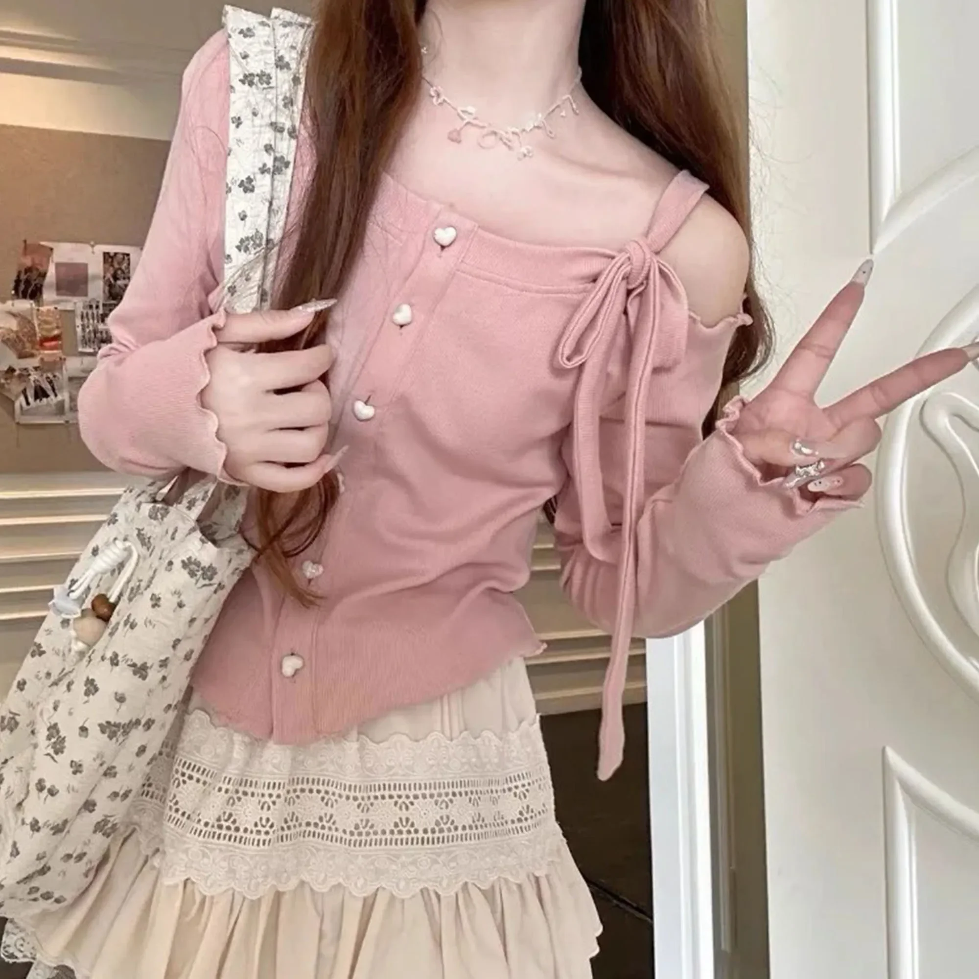 Fashion Sweet Off Shoulder Cardigan Bow Lace Up Sweaters 2024 New Slim Fit Pink Tops Women Y2k Grunge Long Sleeve Cardigan Mujer