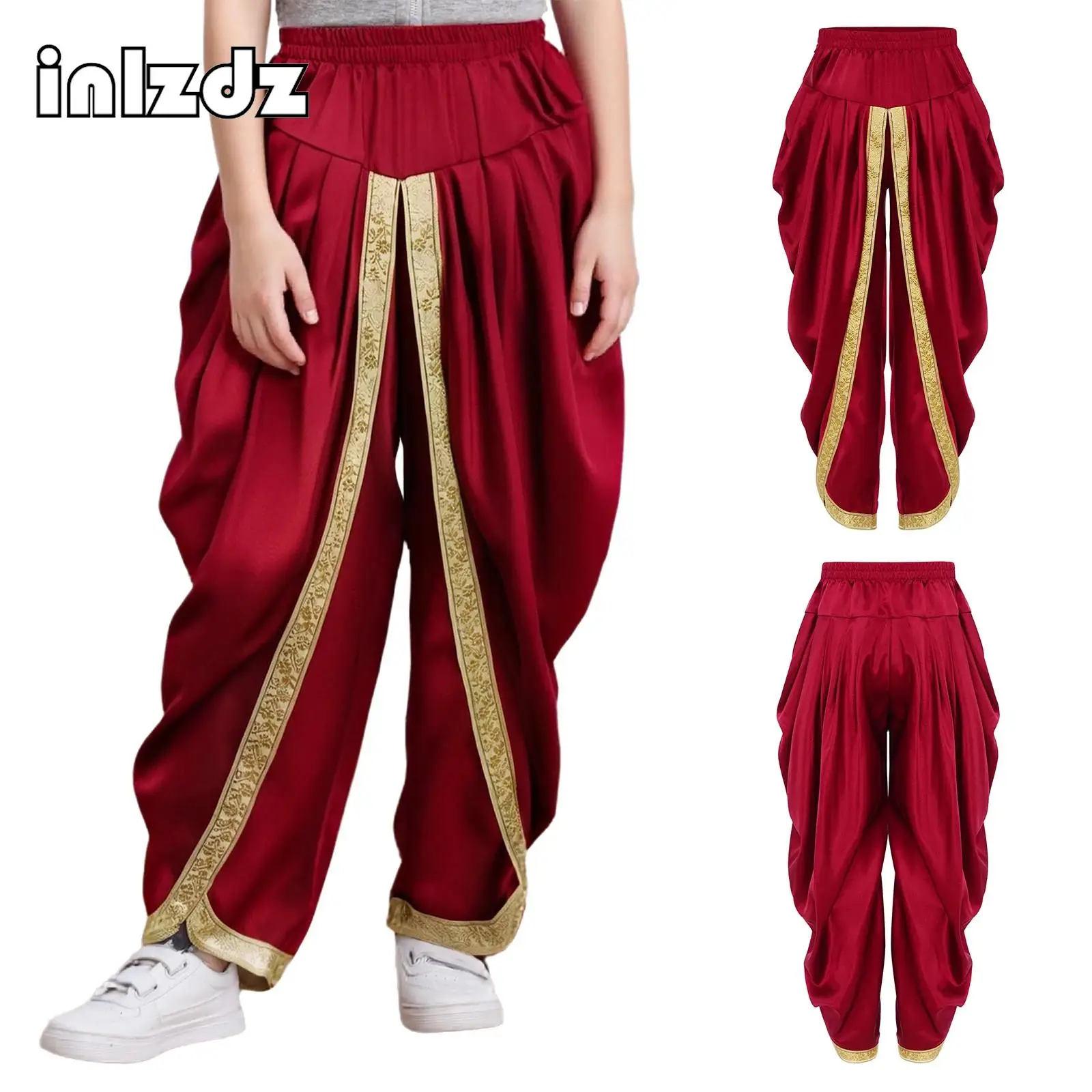 

Kids Boys Satin Dhoti Cosplay Pants Casual Stretchy Draped Baggy Trousers for Halloween Carnival Theme Party Fancy Dress Ball