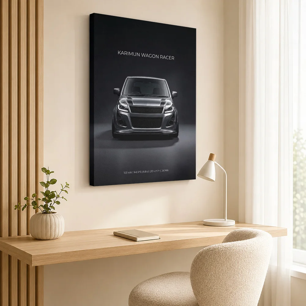 Japanese Karimun Wagon Race Car Canvas Print Customized Photo Dramatic Lighting On Dark Background Wall Art For Sports Lounge