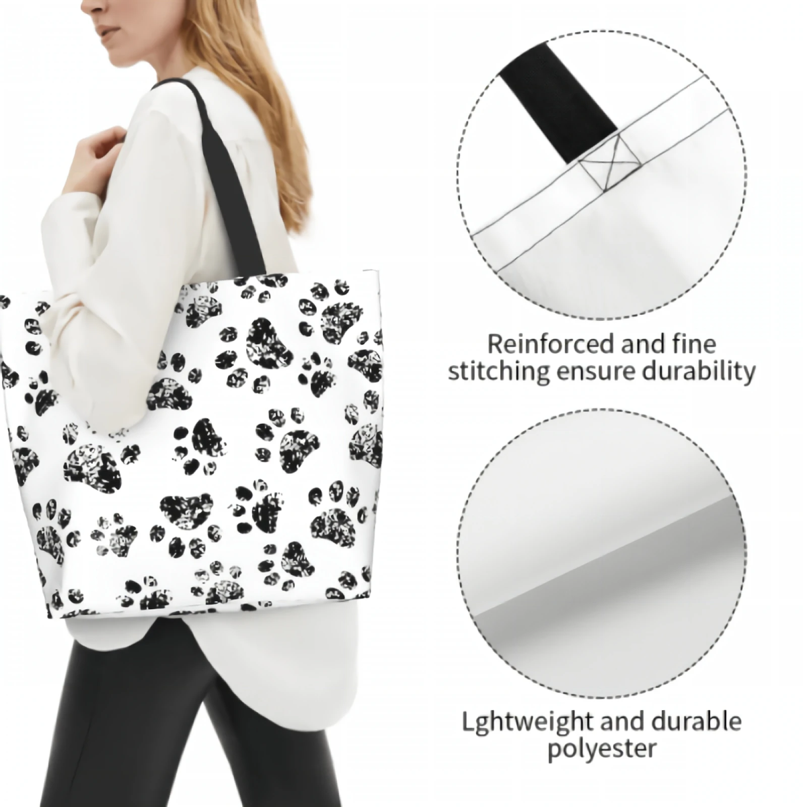 Black White Dog Paw Print Dog Traces Footprint Pet Tracks Footstep Puppy Toe Shape Canvas Tote Bag for Women