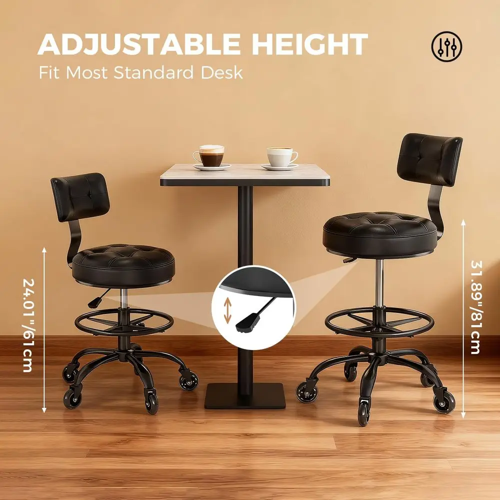 Drafting Chair with Footrest, Tall Height Adjustable Stool with Back Support, Heavy Duty Rolling Stool Chair with Wheels for Of