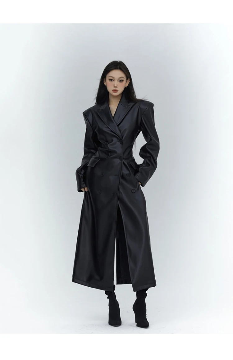 

Spring Autumn Long Black Fitted Soft Pu Leather Trench Coat for Women with Shoulder Pads Luxury Designer Clothing