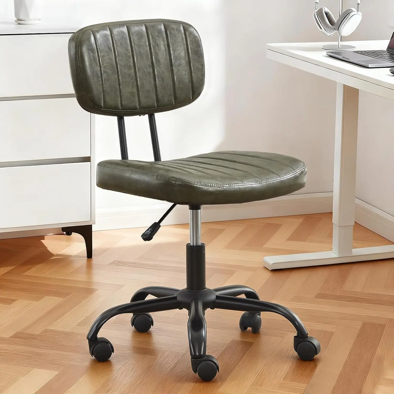 

Green Armless Office Chair PU Leather Adjustable Swivel Wheels Higher Back Home Office Bedroom, Customized