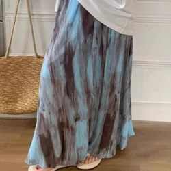 Retro Tie Dye Midi Skirt for Women in Early Spring Vacation Style, High Waisted A-line Skirt Hanging Long Skirt, Big Swing Skirt