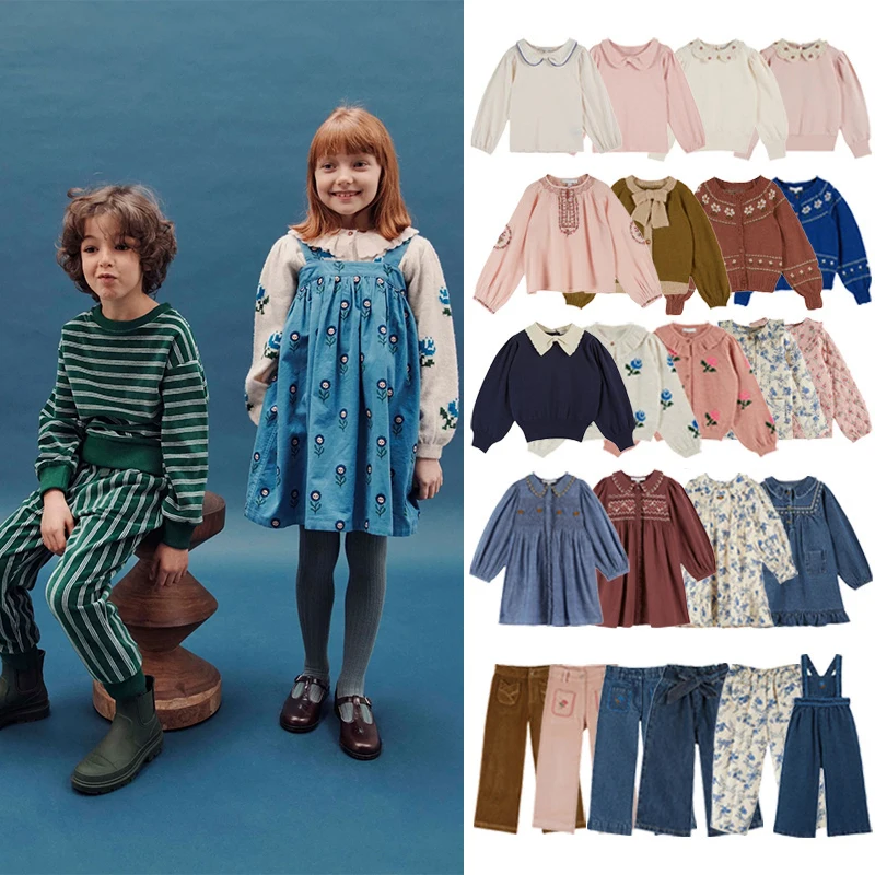 

Children's Sweaters 2025 F/W EM Girls' Pastoral Style Haute Couture Embroidered Floral Shirt Girls' Trousers Suspenders Suit