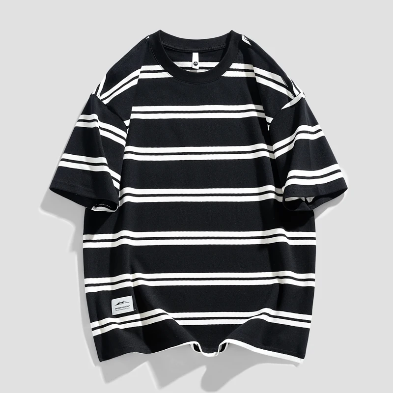 

New Student Casual Loose Contrast Color Short Sleeve Main Black and White Striped Cotton Round Neck T-shirts Couples for Summer