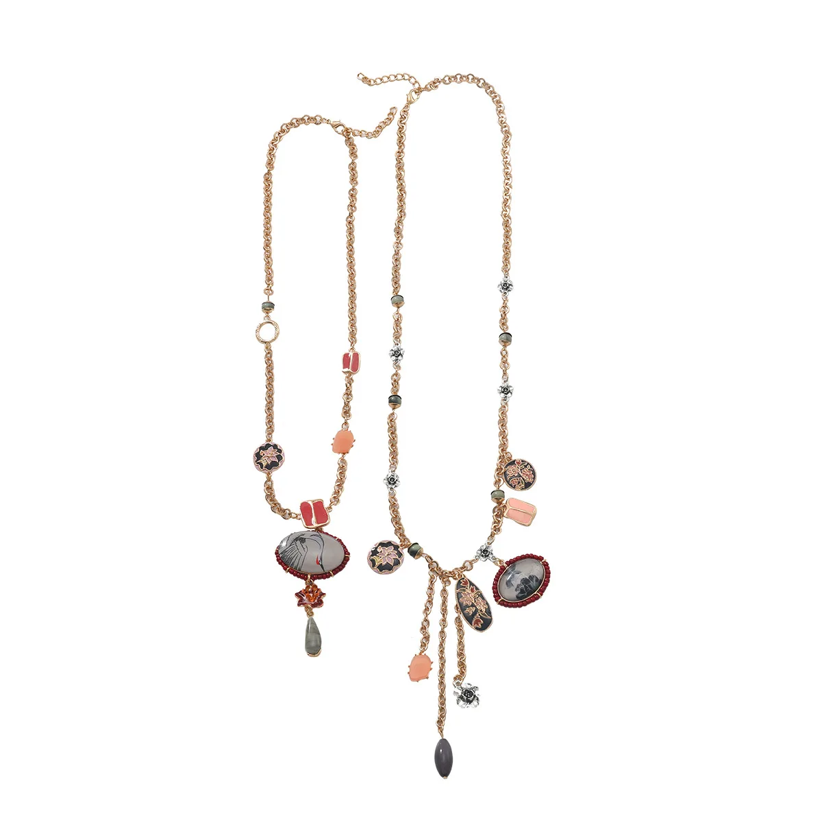 2-teiliges Set Persönliches Design Vintage Metallketten Geometrische Harz-Anhänger Halsketten für Frauen Mode-Schmuck Geschenk-Halsketten – Detail 6