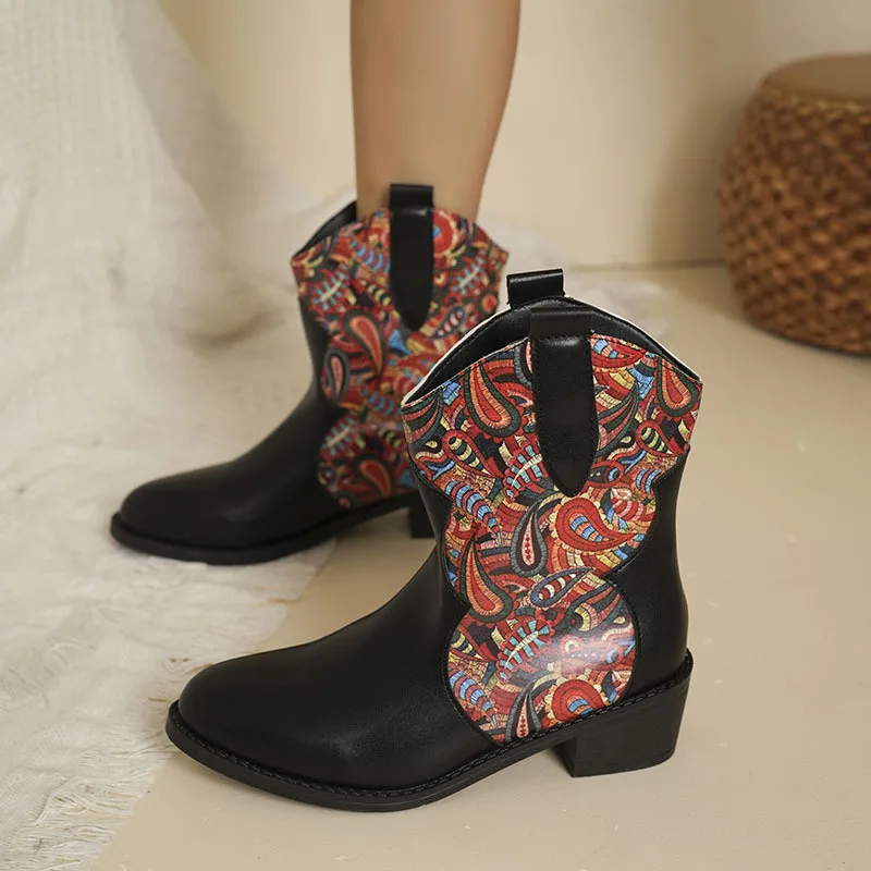 

Женские ботинки в европейском и американском этническом стиле, Осень-зима 2024, новые ковбойские ботинки в западном стиле, универсальные короткие ботинки с цветными застежками