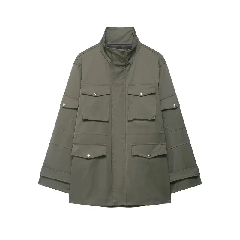 

ZHIO Women Fashion With Pockets Green Front Zipper Cargo Jackets Vintage High Neck Long Sleeves Female Chic Lady Outfits