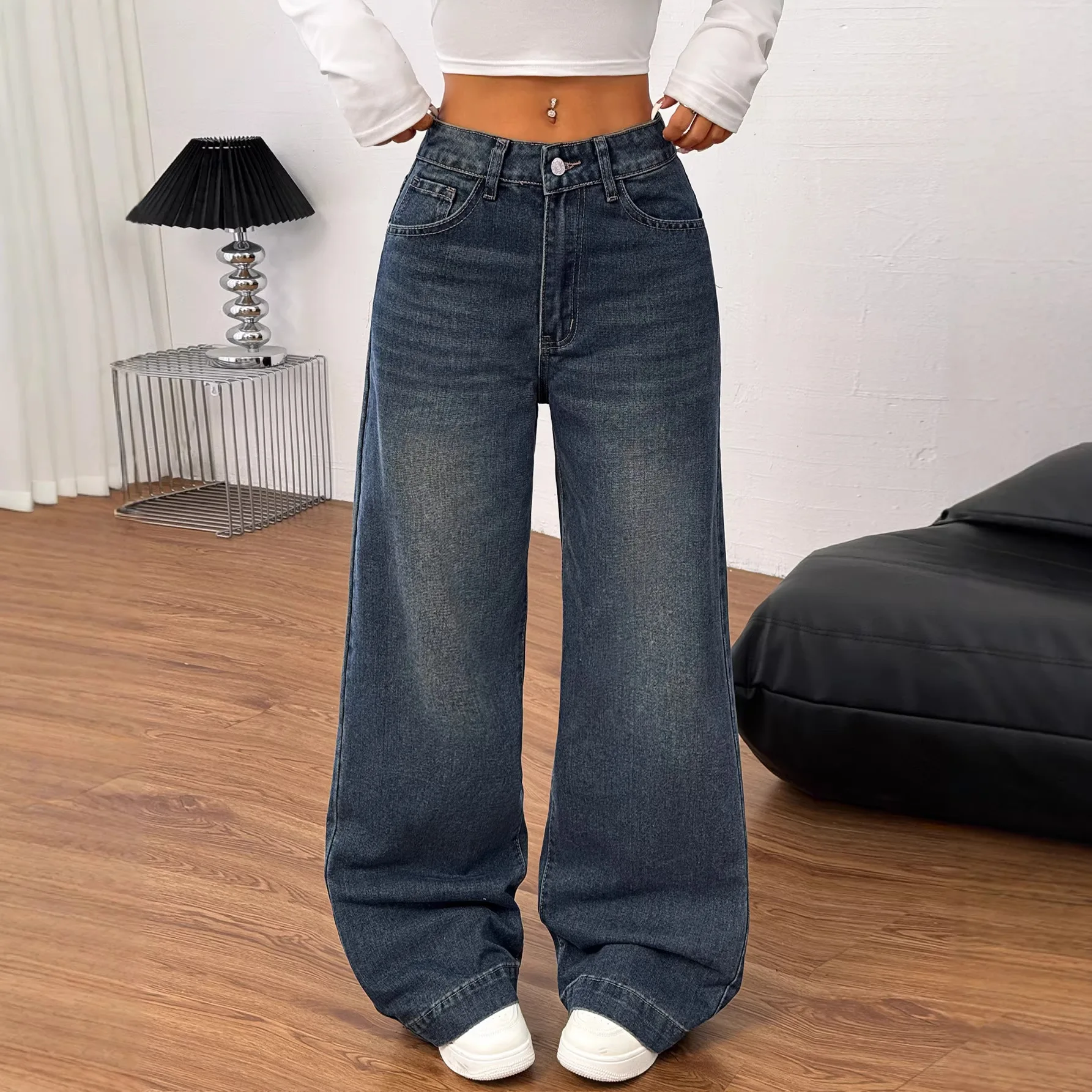 

Womens Casual Straight Leg Jeans Loose Fit Denim Pants High Waist Light Blue Wide Leg Vintage Destroyed Autumn New Design