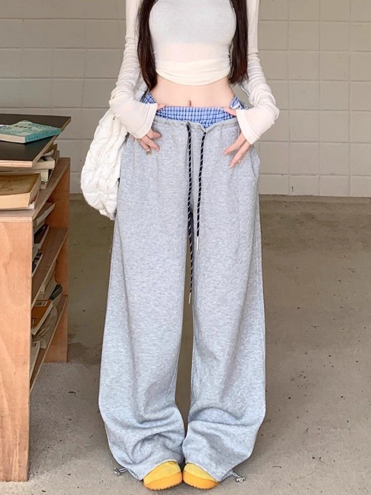 السراويل الرياضية واسعة الساق النساء الدانتيل يصل منقوشة المرقعة عالية الخصر الشارع الشهير بنطلون الخريف خمر فضفاض عادية مستقيم Sweatpants