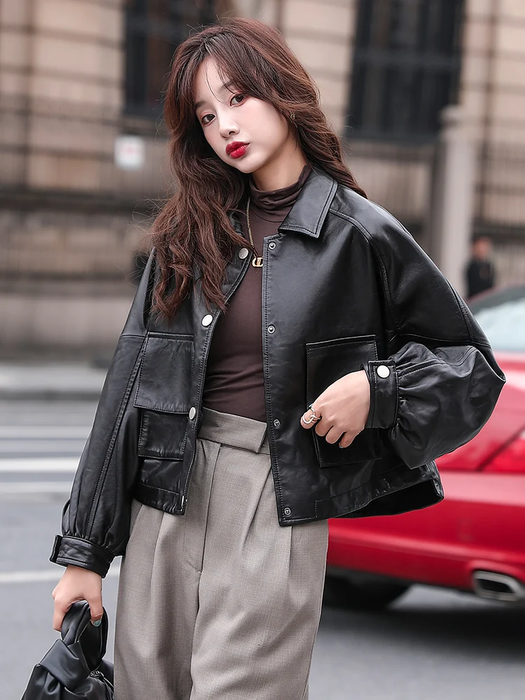 Czarna koreańska skóra kurtki kobiety moda zimowa pokryte przycisk Moto Biker kurtka kobieta Streetwear kieszenie luźne płaszcze Casual