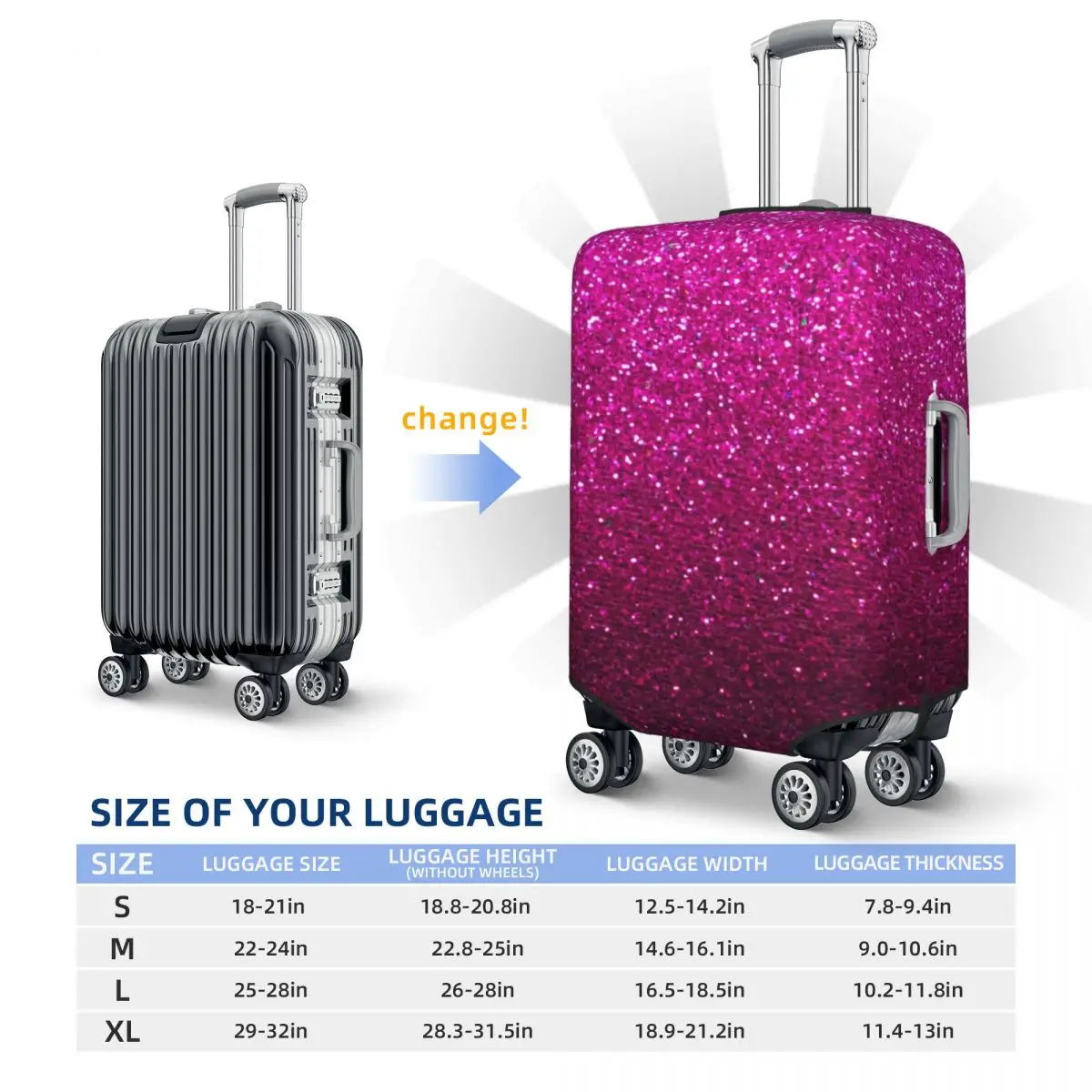 Metallic Glitter Print Suitcase Cover Pink Ombre Sparkles Fun Travel Protector Luggage Case Flight