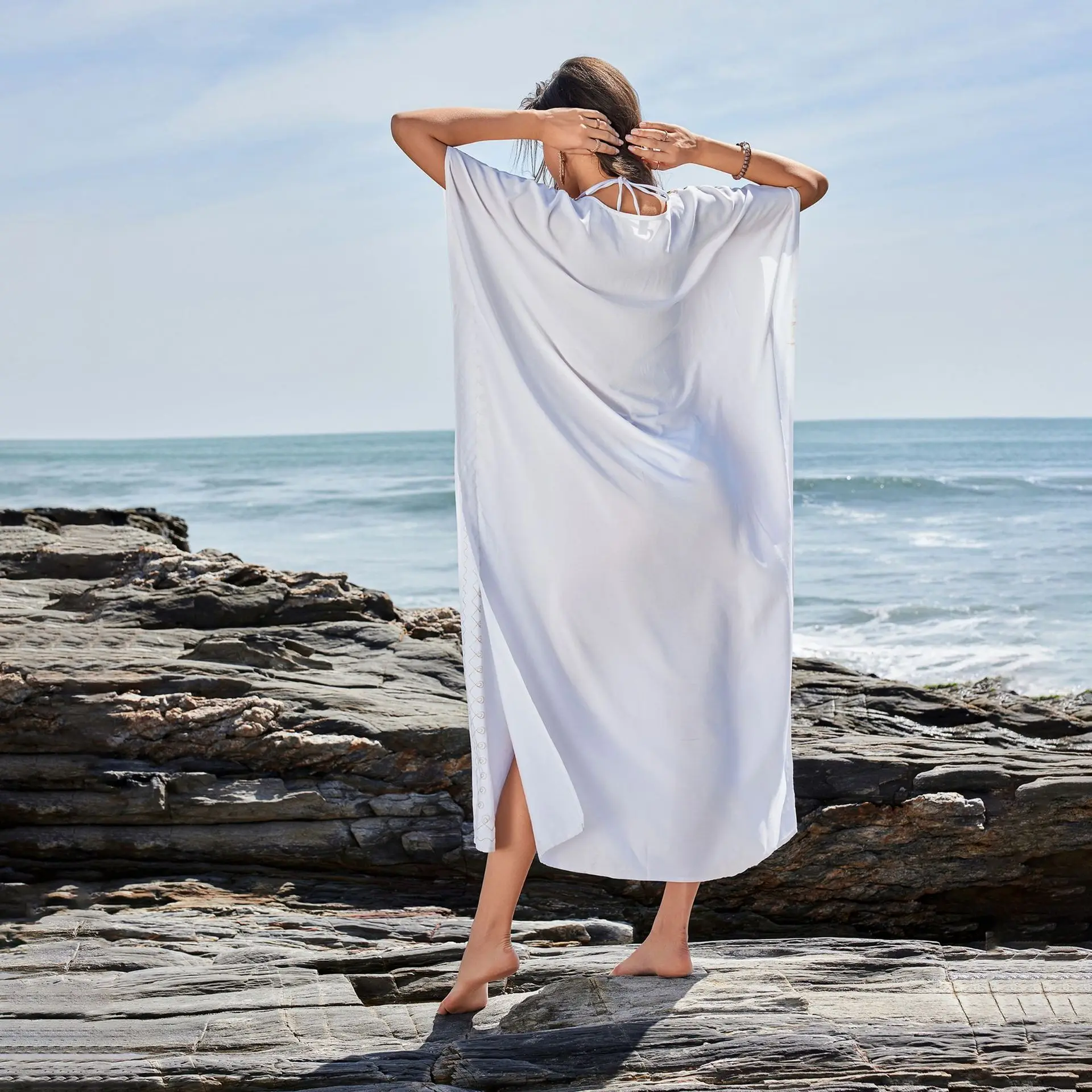 Women's White Kaftan Dress Beach V-Neck Embroidered Boho Beach Cover-Up Maxi Sundress