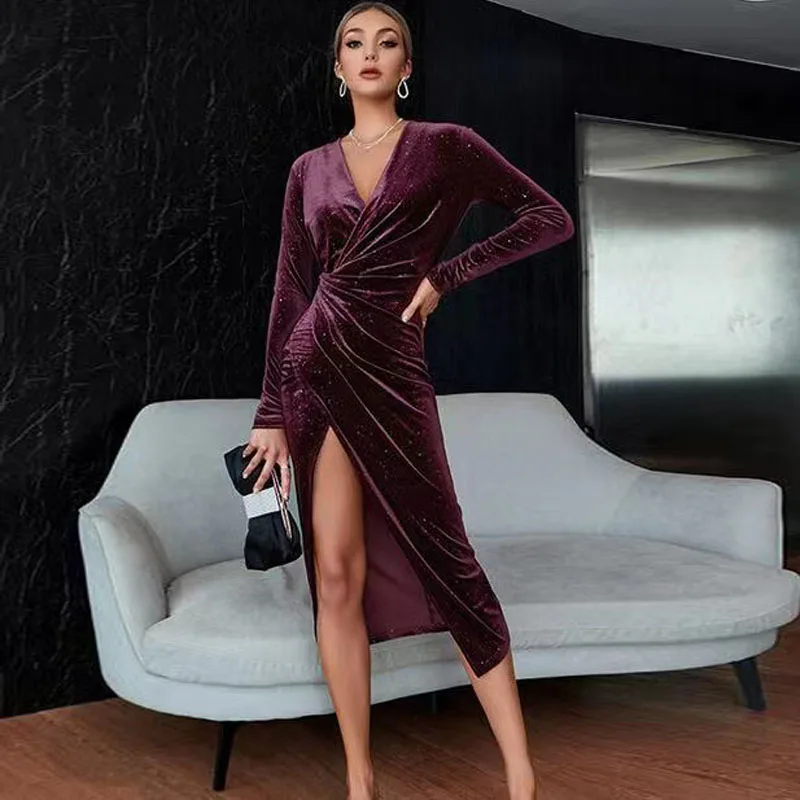 New Cross border Evening Dress Sexy Open Leg Long Sleeve Mid length Dress Golden Velvet Nightclub Dress