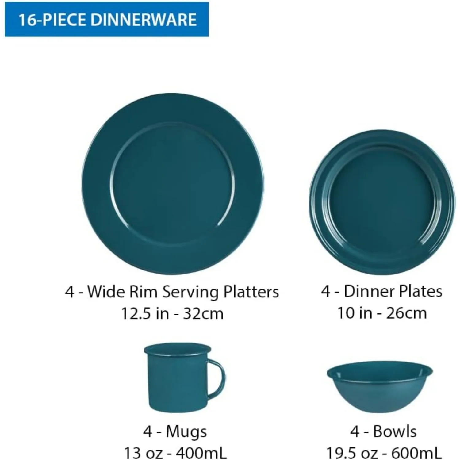 16 개 에나멜 식기류 캠핑 및 야외 세트, 플레이트, 그릇, 머그잔, 커피 보일러 포함, 4