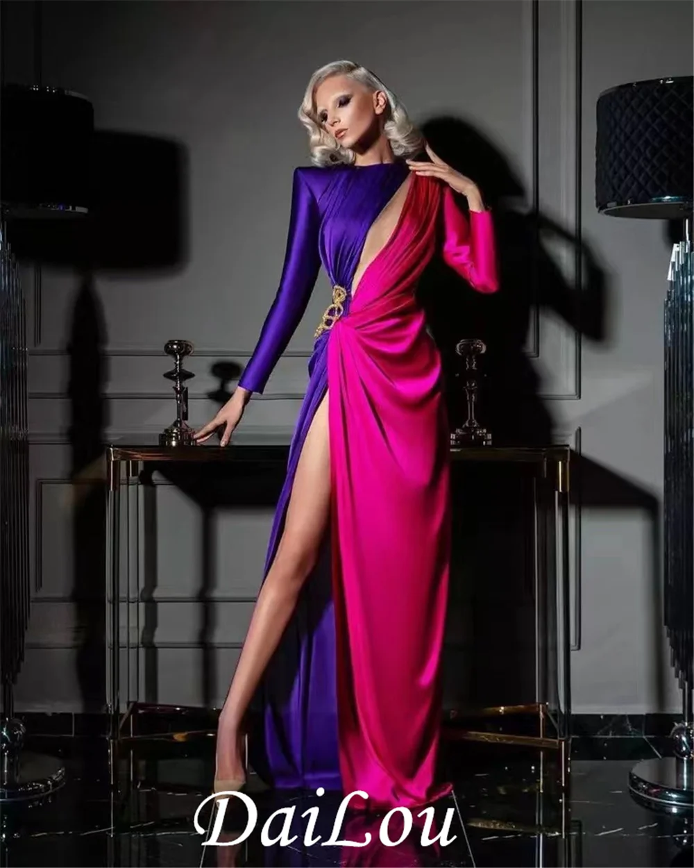 Purple And Fuchsia Arabic Evening Dresses High Neck With Slit Long Sleeve Satin Floor Length Dubai Formal Women Party Dress