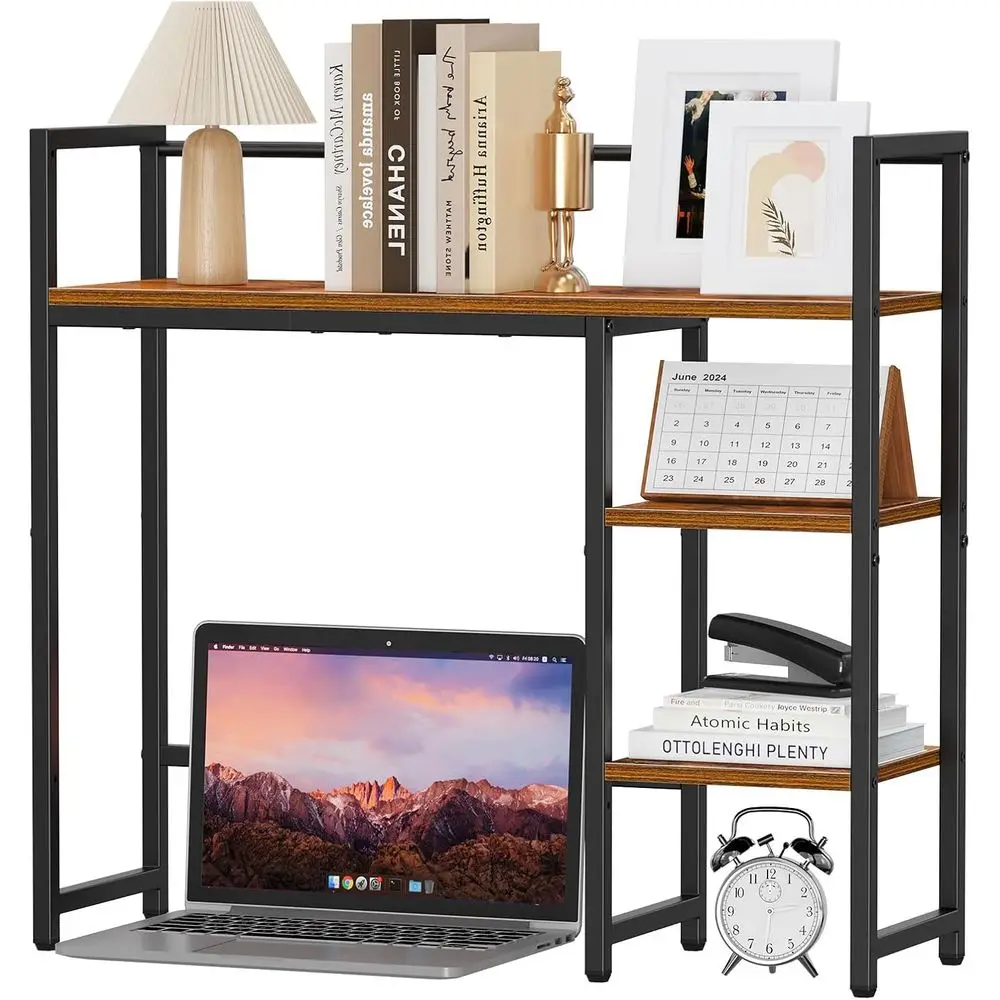31.9 Desktop Organizer Shel, 4 Tier Desk Top Display Rack, Wood Desktop Bookshel Storage Rack or Home Oice Dorm, Rustic Brown
