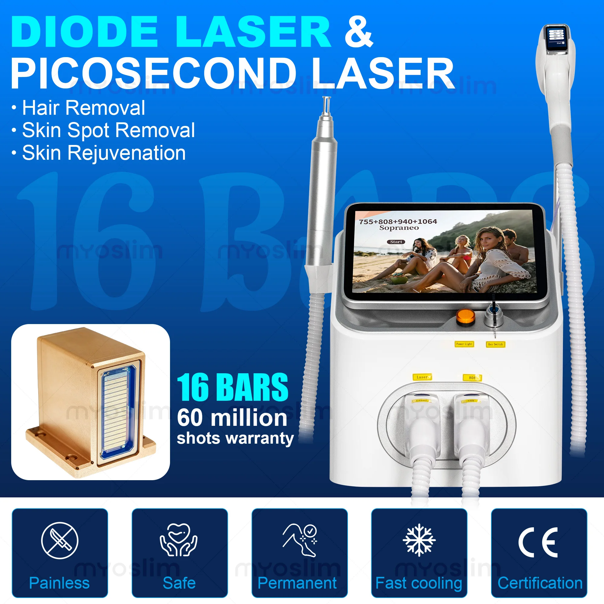 Professional 5000w Soprano Diode Laser Hair Removal 6Waves755 810 830 940 1064 808nm CE Certificate Alexandrite Device Permanent