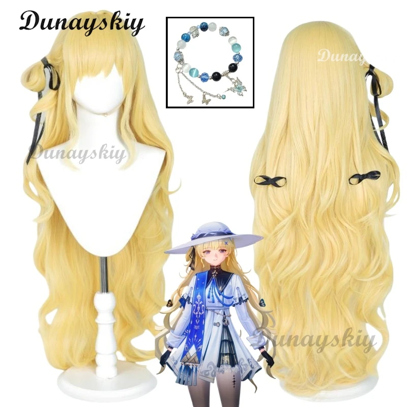 Phoebe Cosplay Wuthering Waves Wig Long Curly Blond Hair Black Ribbon Rinascita Halloween Party for Women Girls Cos Props